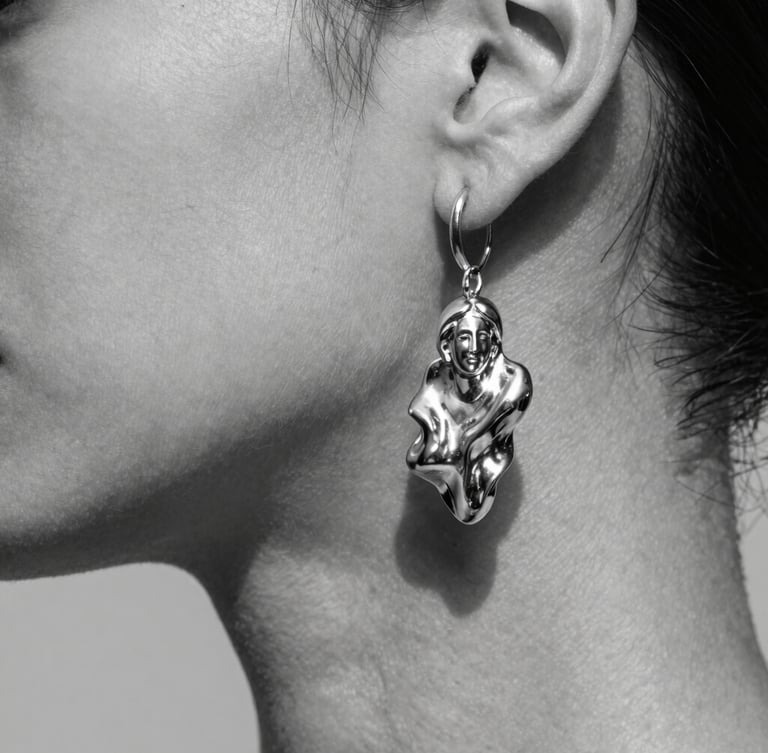 Close-up macro shot of a sculptural silver earring on clean skin, sharp studio lighting, deep shadows, high-contrast monochrome editorial style, 35mm
