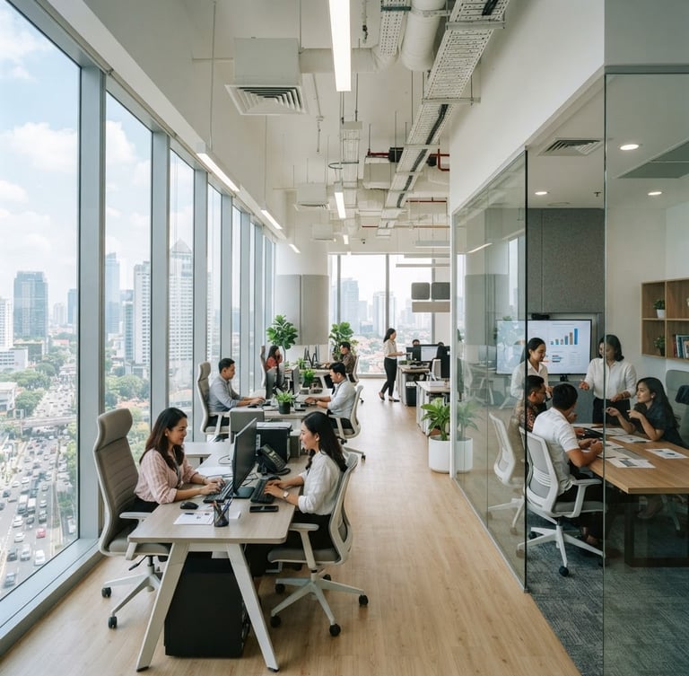 Bright modern office interior in a Jakarta skyscraper with floor-to-ceiling windows, natural daylight illuminating sleek desks and comfortable meeting spaces, professional and trustworthy corporate atmosphere, 35mm