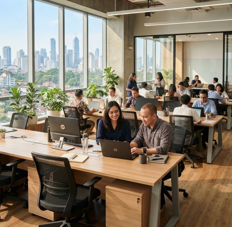 Bright modern office interior in Jakarta, warm natural sunlight streaming through large windows, sleek wooden desks, ergonomic chairs, professional and clean atmosphere, 35mm