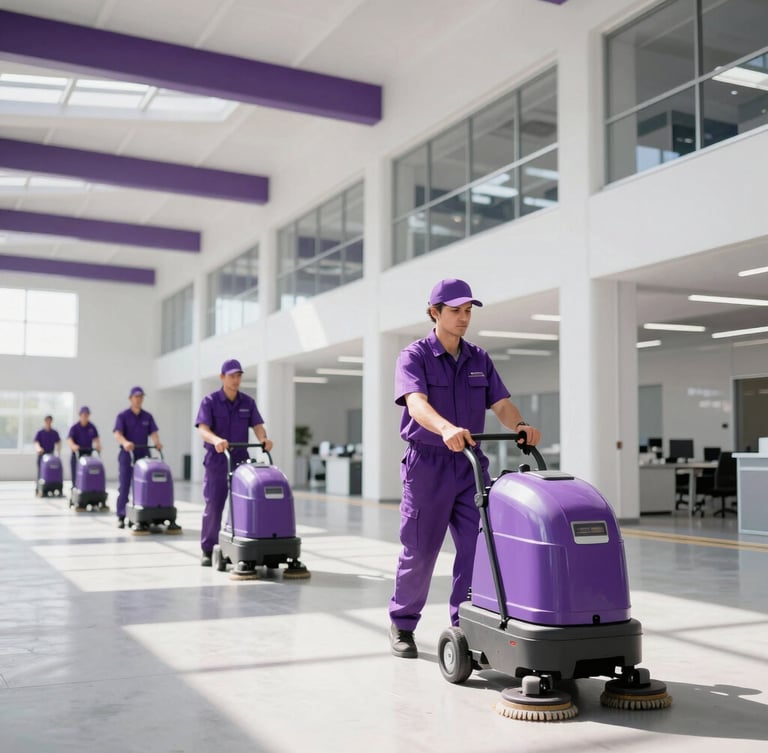 Professional industrial cleaning crew in matching purple uniforms operating heavy floor scrubbers in a bright, modern corporate warehouse, wide architectural angle, clean daylight.