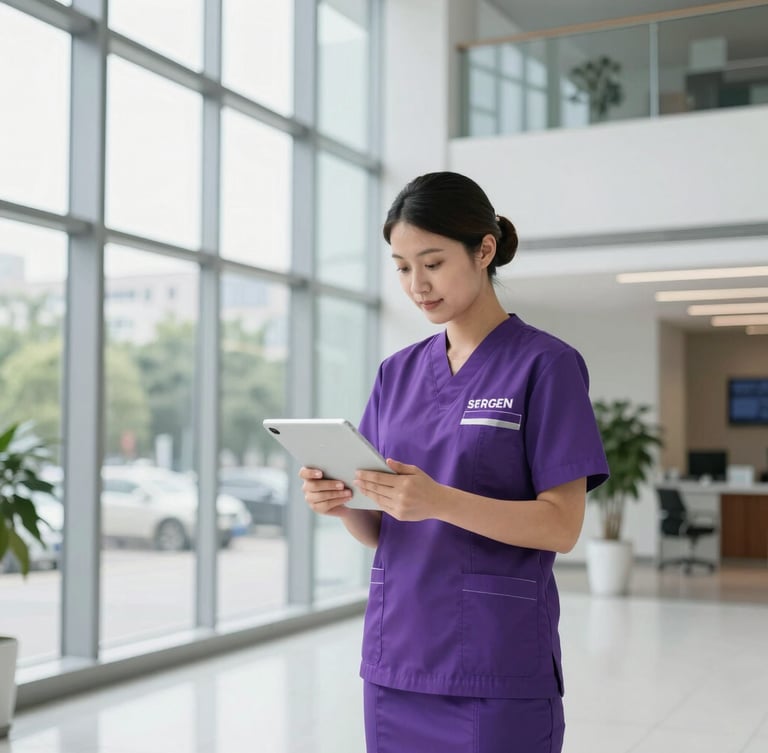 A professional cleaning supervisor in a sharp purple SERGEN uniform checking a digital tablet in a bright, modern corporate lobby with clean glass walls, natural daylight, 35mm