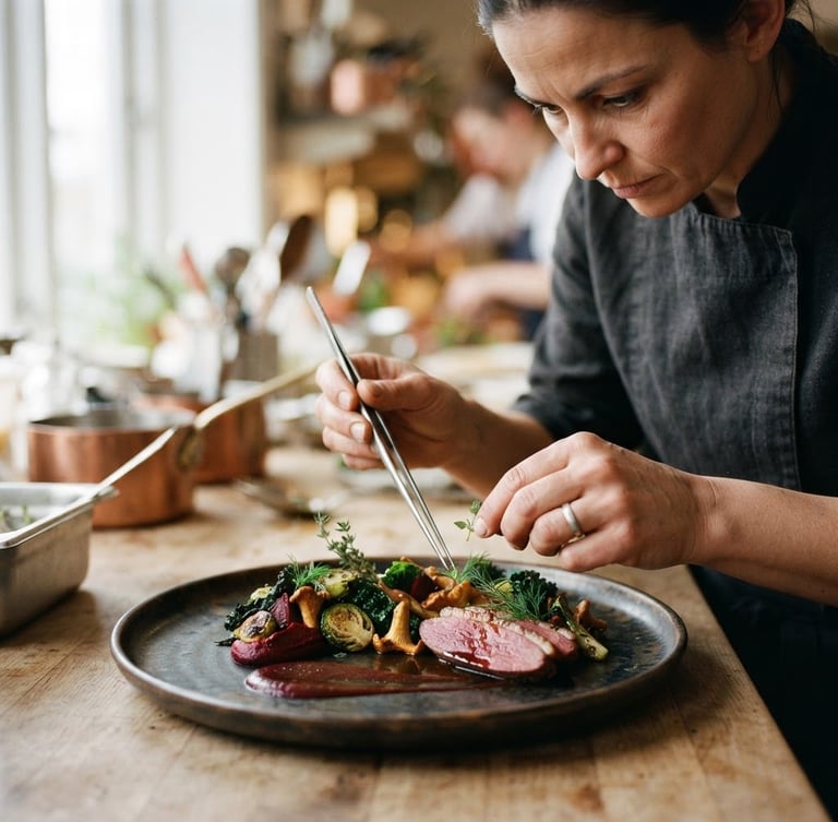 Chef's hands meticulously plating a seasonal dish with fresh, vibrant ingredients under soft Scandinavian daylight, rich crimson and forest green tones, shallow depth of field, 35mm film, composition focused on the hands and food.