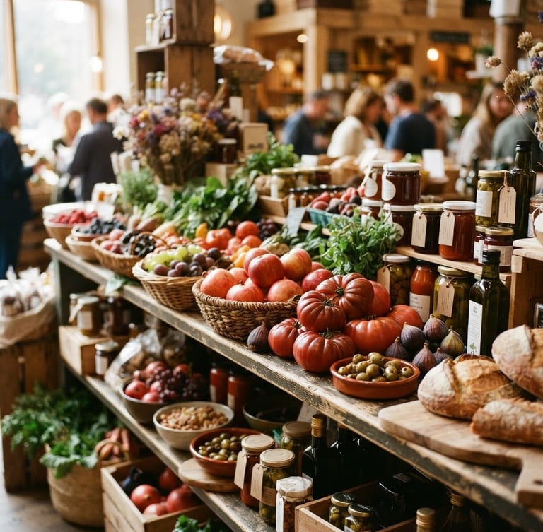 Wide shot of a beautifully curated market shelf, abundant with fresh produce and artisanal goods, soft natural daylight, shallow depth of field, warm editorial photography