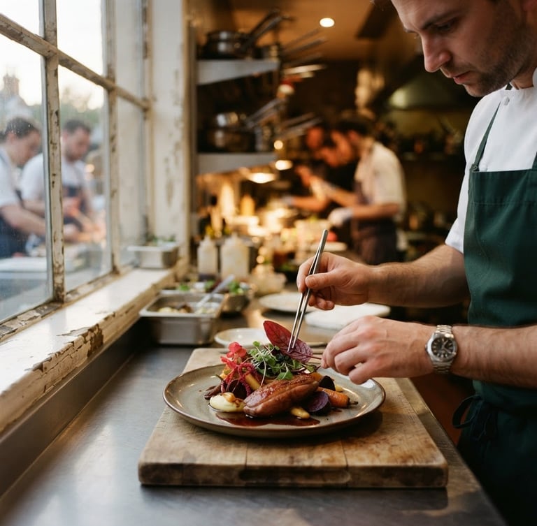 Busy kitchen pass with chef's hands plating a dish, soft natural daylight from a window, shallow depth of field, warm editorial photography, rich crimson and forest green tones, 35mm film.