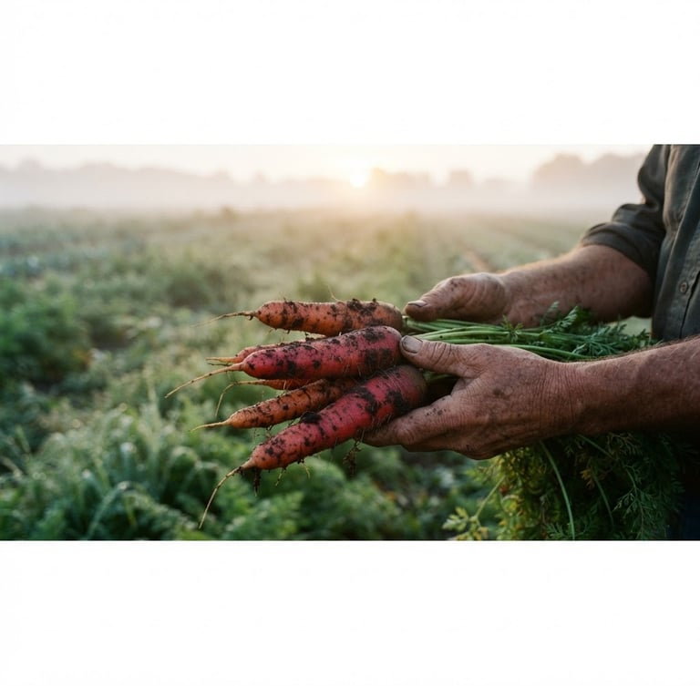 Wide panoramic misty farm field at sunrise, weathered hands gently holding freshly harvested, soil-dusted carrots, soft natural daylight, shallow depth of field.