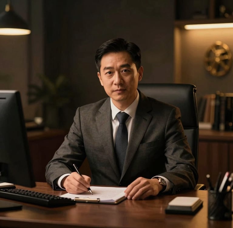 Professional insurance advisor in a deep-toned, dark-themed office setting, warm ambient interior glow, sharp focus, 35mm