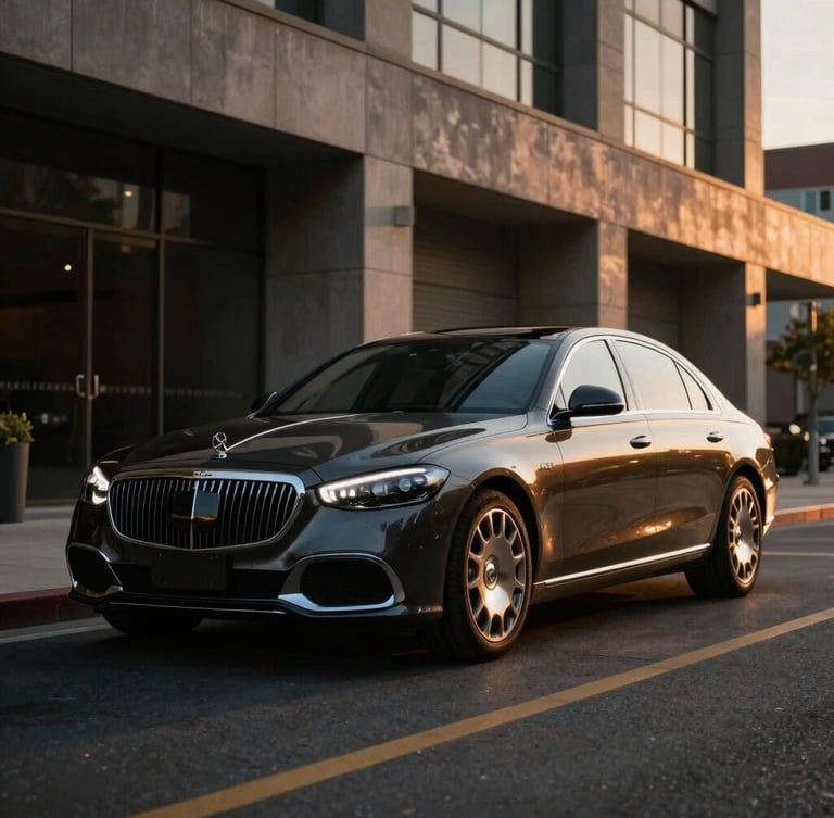 Cinematic automotive photography of a luxury sedan parked in a modern Toledo urban setting at golden hour, low-key dramatic lighting, sharp focus, 35mm