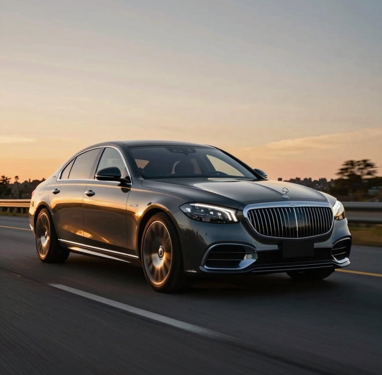 Cinematic wide angle shot of a luxury sedan driving on a Toledo highway at dusk, golden hour reflections on polished charcoal car body, sharp focus, 35mm