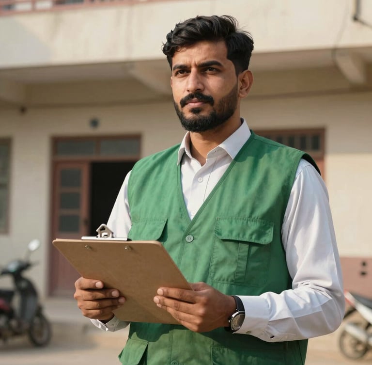 Medium portrait of a proud Pakistani volunteer in a clean green vest holding a clipboard, warm natural daylight, standing outside a community center in Lahore, focused and dignified expression.