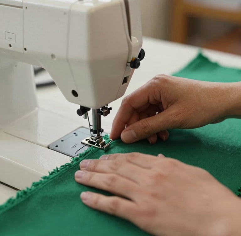 Close-up of hands carefully guiding green fabric through a modern sewing machine, warm natural lighting, focused and professional atmosphere.