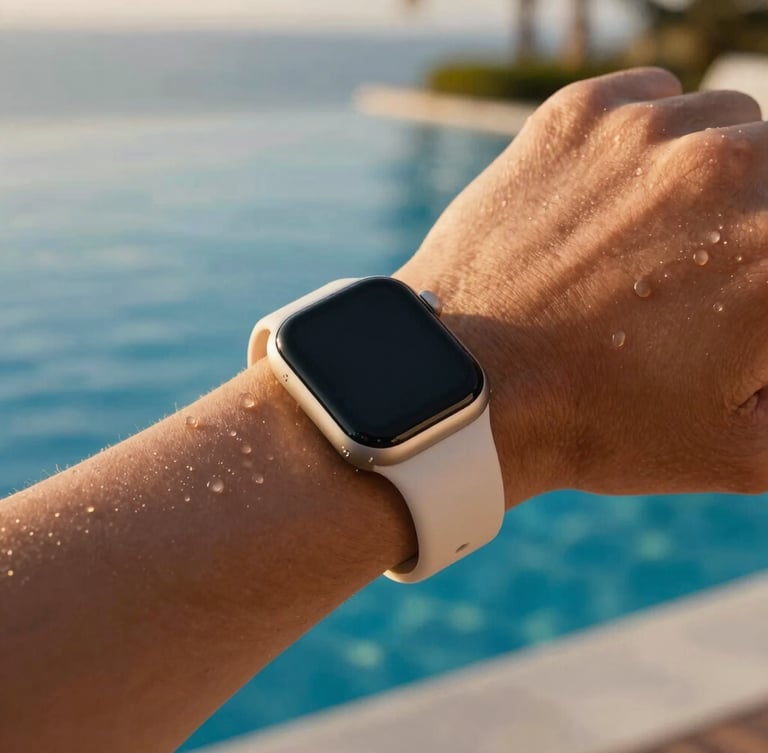 Close-up of a sleek, minimalist smart wristband on a wrist, water droplets glistening under warm golden-hour sunlight, premium hotel infinity pool in the soft-focus background, 35mm photography