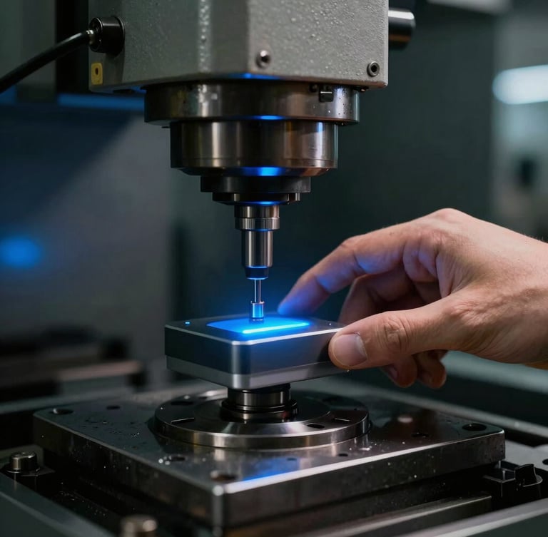 Close-up of a hand placing a sleek industrial sensor with a subtle glowing electric blue status light onto a heavy metal milling machine, dramatic industrial lighting, sharp focus, 35mm lens