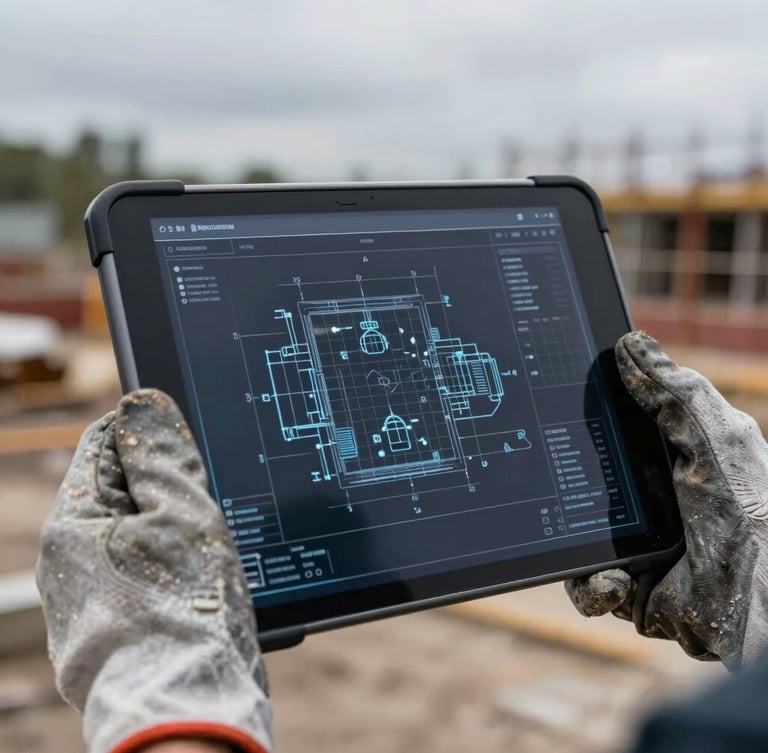 Macro close-up of a rugged tablet displaying a high-contrast technical blueprint interface, held by hands in heavy work gloves on a construction site, overcast natural daylight.