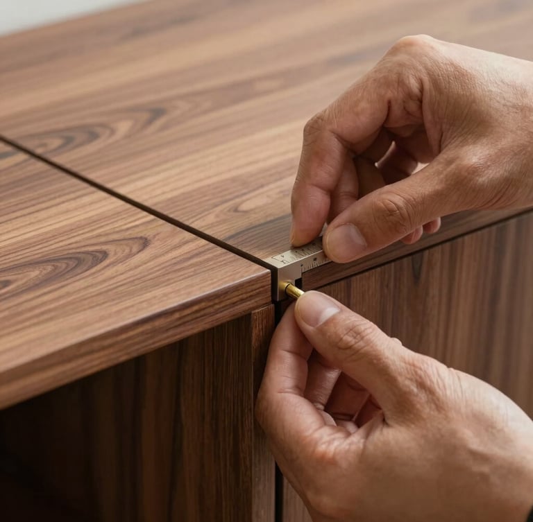Tight, abstract detail crop of hands carefully aligning a custom walnut cabinet joint, showcasing seamless joinery and millimeter-level tolerances, soft natural light.