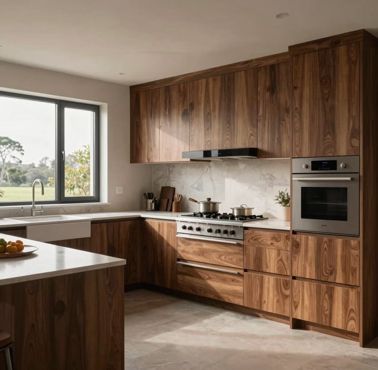 Wide panoramic view of a bespoke kitchen in Richmond, custom walnut cabinetry with seamless joints, integrated premium appliances, large window letting in soft West Coast daylight.