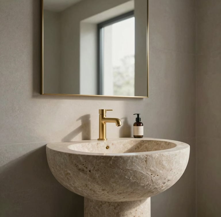 Architectural elevation of a serene bathroom sanctuary, custom stone basin, brushed gold hardware, minimalist spatial layout, diffused natural light.