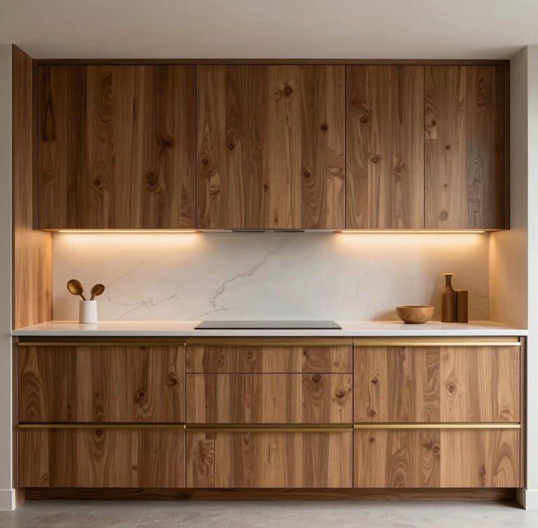 Straight-on architectural elevation of custom walnut kitchen cabinetry with integrated warm lighting and brass hardware, clean minimalist lines