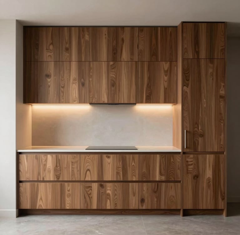 Straight-on architectural elevation of a minimalist luxury kitchen, custom walnut cabinetry with seamless joints, integrated warm LED lighting glowing under shelves, soft diffused daylight.