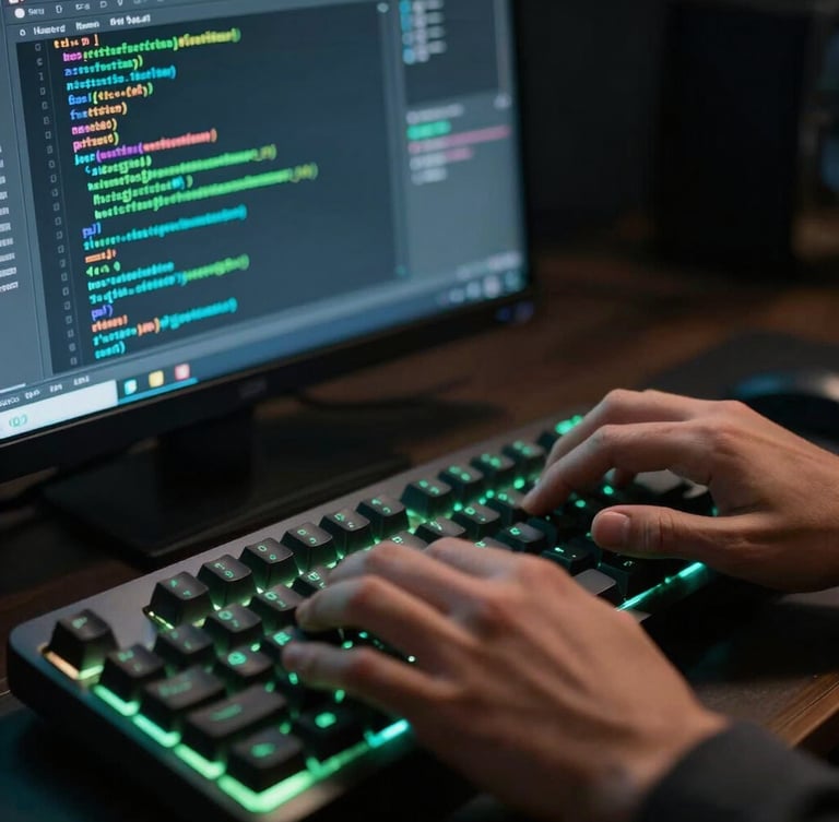 Close-up of a developer's hands typing on a mechanical keyboard, a terminal window open with code execution lines, glowing green and teal accents, dark background.