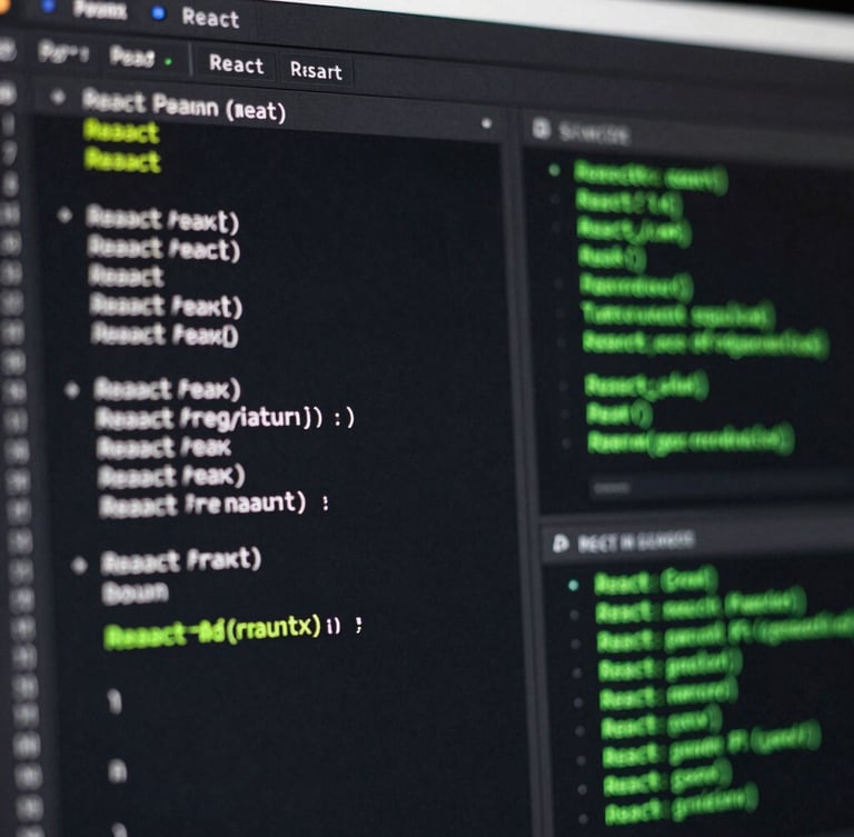 Macro shot of a high-contrast dark-mode IDE displaying clean React code alongside terminal outputs with neon green accents, low-key lighting