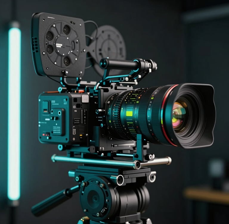 Close-up of a high-end cinema camera rig on a gimbal in a dark studio, neon LED light tubes casting teal and lime glows on the lens.