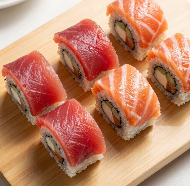 Overhead flat-lay of premium freshly rolled sushi rolls on a minimalist wooden board, vibrant red tuna and salmon, bright natural daylight, soft shadows