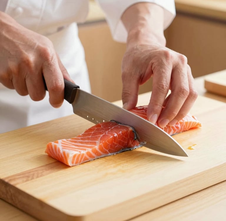 A close-up of a chef's hands carefully slicing fresh salmon on a clean wooden board, soft morning light, minimalist Japanese kitchen backdrop