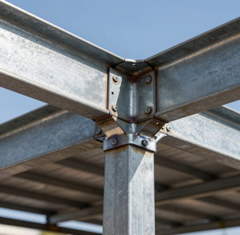 Tight detailed close-up of a freshly welded steel carport frame under bright South African sun, showing clean metal joints and rugged industrial textures.