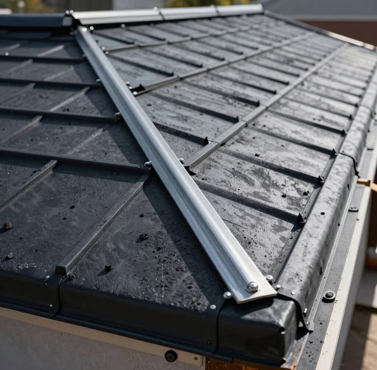 Direct daylight hitting a freshly completed charcoal roof sheet installation, showing crisp metal joints and heavy-duty rubberized sealing, tight industrial angle.