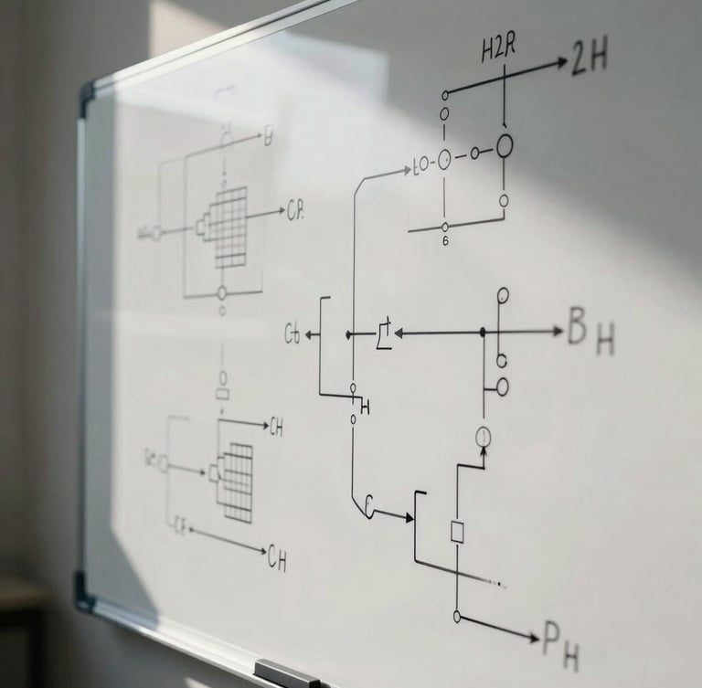 Close-up of a physical whiteboard filled with complex engineering schematics and pipeline flow diagrams, sharp directional office lighting, high contrast.