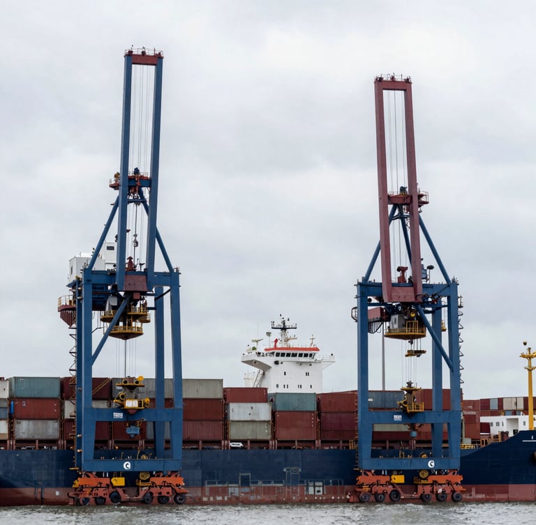 Wide environmental shot of a modern maritime cargo terminal in Southampton, overcast daylight, sharp industrial cranes framing the composition, high contrast.