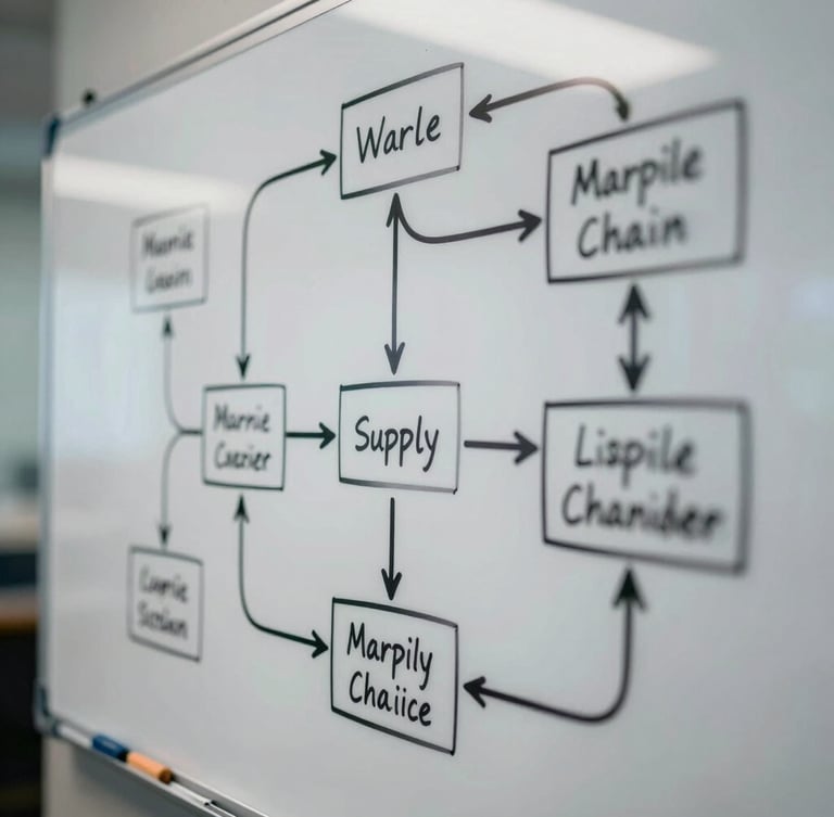 Tight macro crop of a physical whiteboard detailing a complex maritime supply chain flow chart, sharp black marker lines, cool directional office lighting