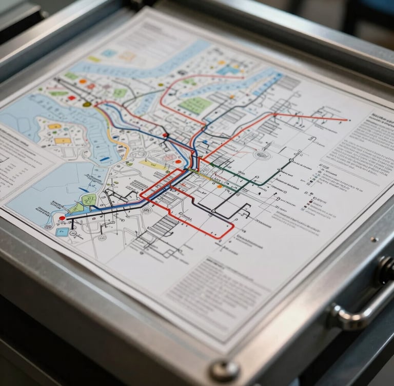 Close-up macro shot of a metal drafting table with detailed maritime logistics routing maps and hand-drawn pipeline flowcharts, sharp directional office lighting