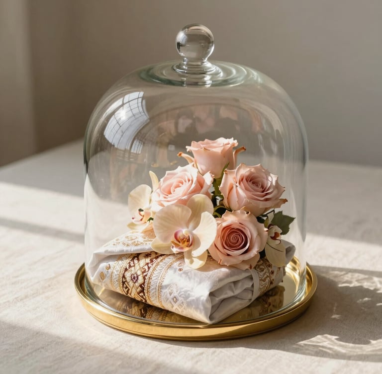 A high-end luxury Indonesian wedding hantaran tray, featuring a gold-rimmed acrylic dome containing premium fabrics, decorated with soft blush pink roses and champagne orchids, morning studio light casting soft shadows on a cream linen surface.