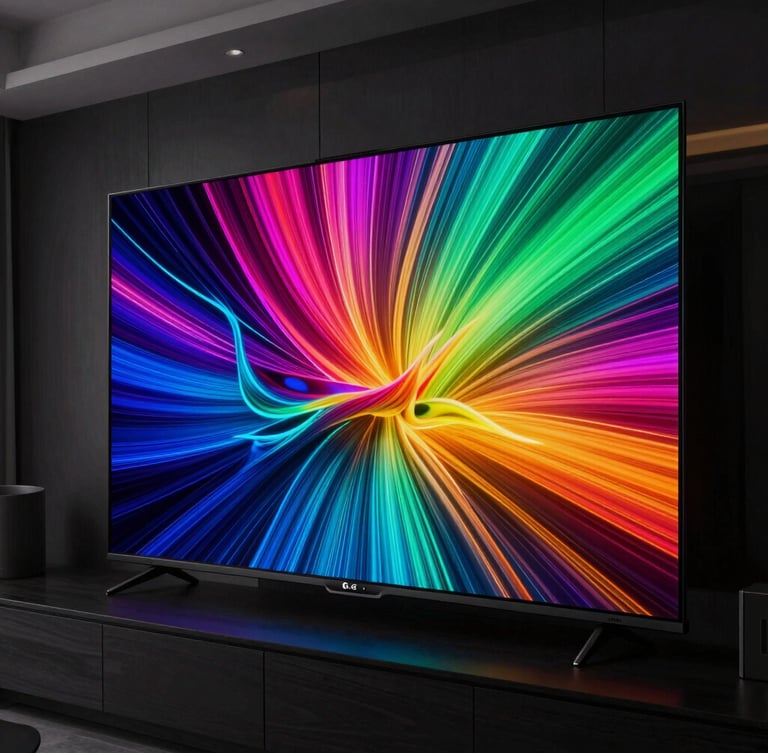 Close-up of a high-end 75-inch LG OLED screen displaying rich, high-contrast neon colors in a dimly lit, luxurious Bogotá apartment living room, dramatic low-key lighting, cool tech-toned backlights.