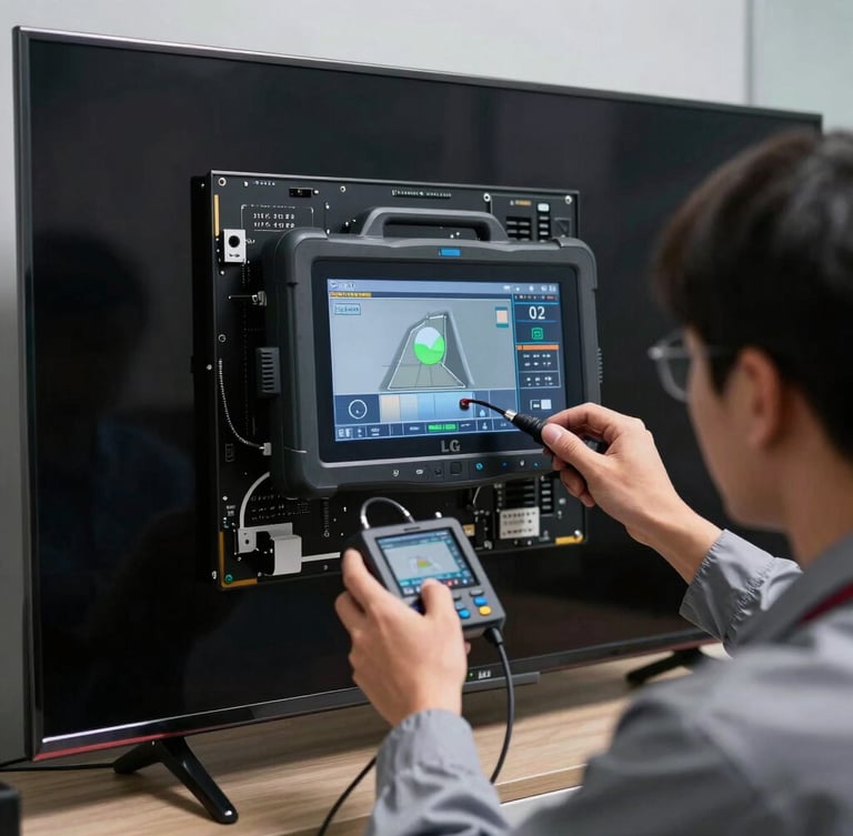 Close-up of a professional technician in clean uniform using specialized digital diagnostic tools on the back panel of a massive wall-mounted LG TV, dramatic lighting