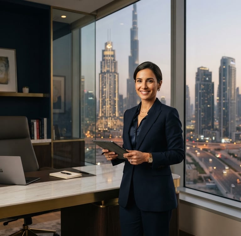 A professional environmental portrait of a corporate advisor in a modern Downtown Dubai office, warm champagne lighting, deep navy accents, sharp focus, 35mm.