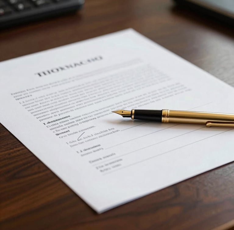 Close-up of signed legal documents on a dark oak desk, a gold fountain pen resting on the paper, soft natural light, professional editorial photography.