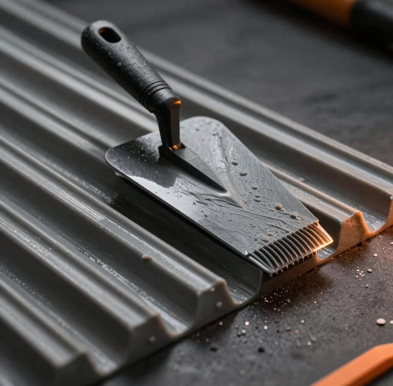Industrial product photography of a notched trowel combing thick grey polymer-modified adhesive ridges, dramatic side-lighting emphasizing high-contrast textures against a dark background.