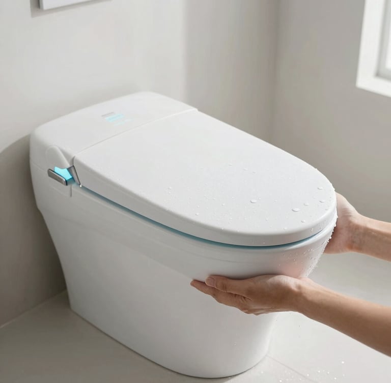 Sleek mobile bidet held in hand, soft water droplets on matte surface, bright natural daylight, minimalist bathroom setting, portrait aspect