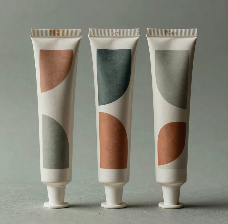 Straight-on eye-level studio portrait of three minimalist scatter tubes showing textured paper seams and muted abstract geometric prints in sage and terracotta.