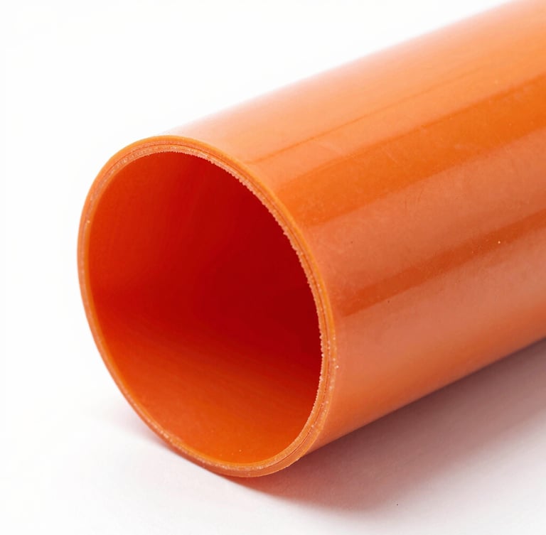Macro shot of a freshly molded high-visibility orange polyurethane pipeline sealing disc, showing sharp edge tolerances and glossy elastomer surface finish under clean industrial studio lighting.