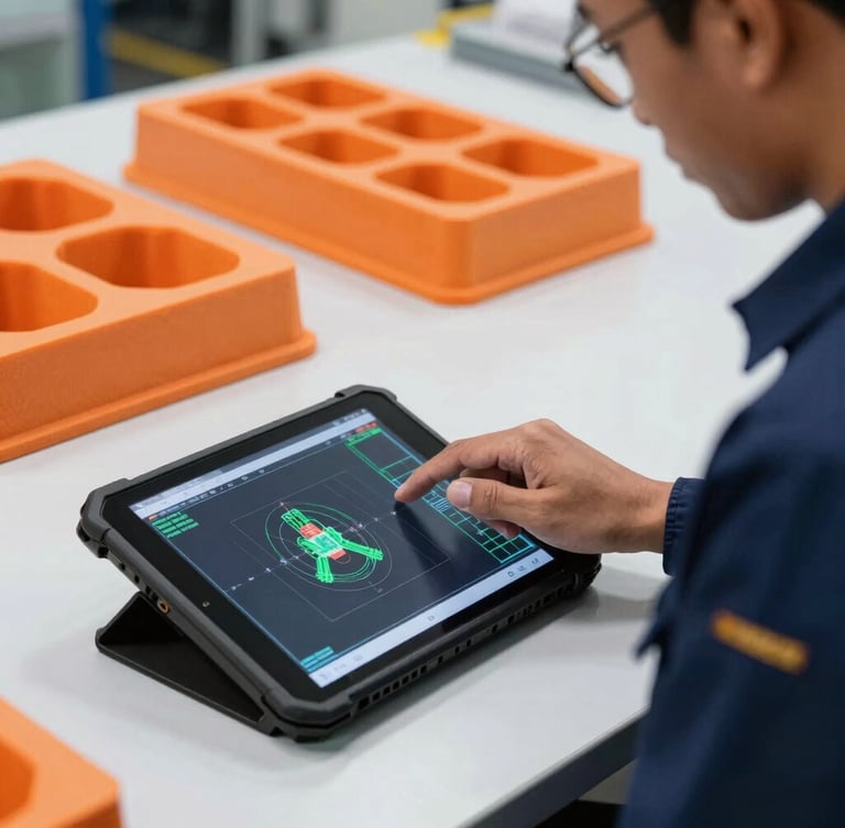 An Indonesian engineer in technical uniform reviewing CAD schematics on a rugged tablet on the clean, well-lit factory floor, with orange polyurethane casting molds visible in the background.