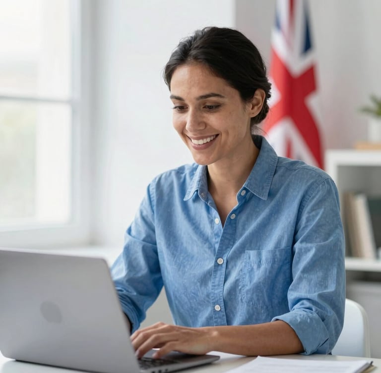 Portrait shot of a native English teacher, mid-30s, with a warm, encouraging expression, actively engaged in an online lesson on a laptop, bright natural daylight, clean blue and white tones, shallow depth of field, 35mm. The teacher is in a modern, uncluttered home office environment, perhaps with a subtle UK or US flag in the background.