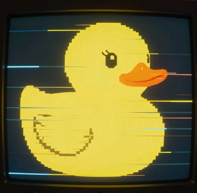 Extreme close-up of a glitched rubber duck silhouette rendered in glowing pixelated hazard-yellow on a terminal screen, high-contrast CRT monitor emission, dark environment.