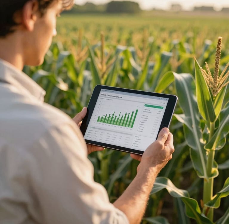 A farm manager in a light-colored shirt standing in a lush green cornfield, holding a tablet displaying analytical crop data, warm natural golden hour lighting, shallow depth of field