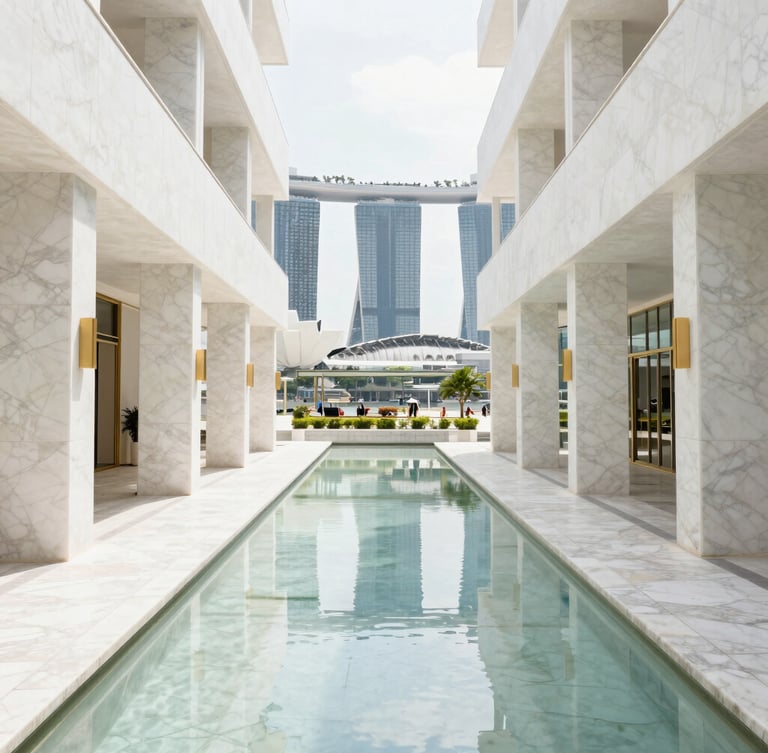Bright editorial photography of Singapore's Marina Bay Sands luxury shopping canal, sunlight reflecting on white marble, minimalist and elegant composition, 35mm