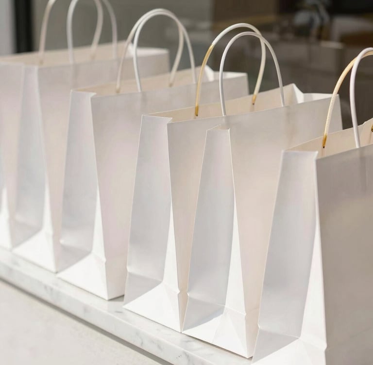 Editorial close-up of pristine luxury shopping bags stacked on a white marble ledge, soft morning sunlight, 35mm photography.