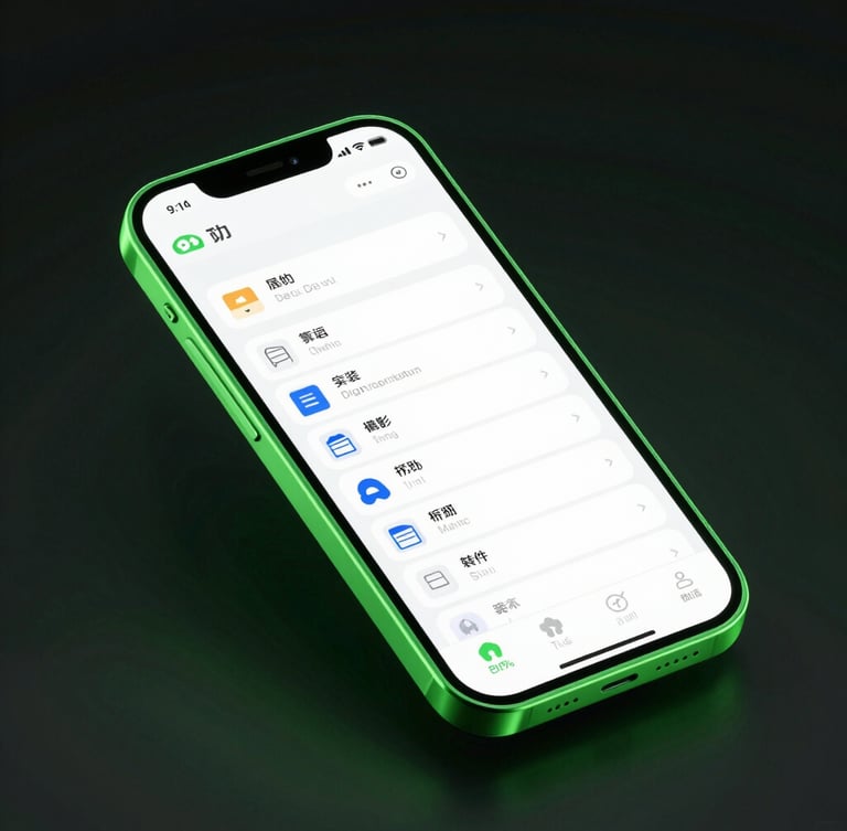Sleek digital-native 3d render of a glowing neon green mobile device mockup showing a clean file manager interface on a dark moody background, high-fidelity isometric angle