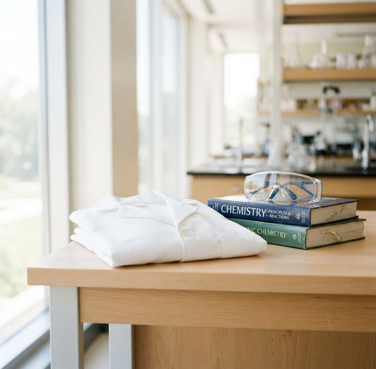 Bright high-key photography of a clean student laboratory desk, a white lab coat neatly folded next to protective goggles and textbooks, natural campus window light, sharp focus, 35mm